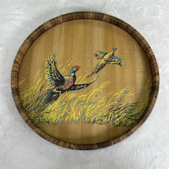 Vintage 12.5” Round Drink Platter Tray Flying Pheasants Mid-Century Bnfts Chrty - Picture 1 of 8